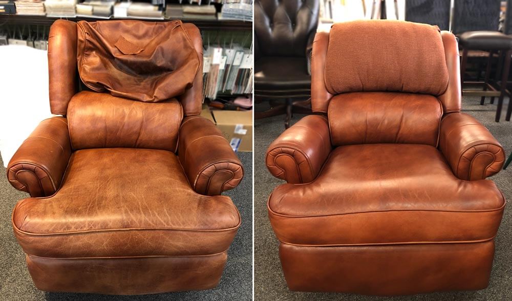 Leather Chair Restoration And Head Cushion Replacement For Fabric Upholstery 